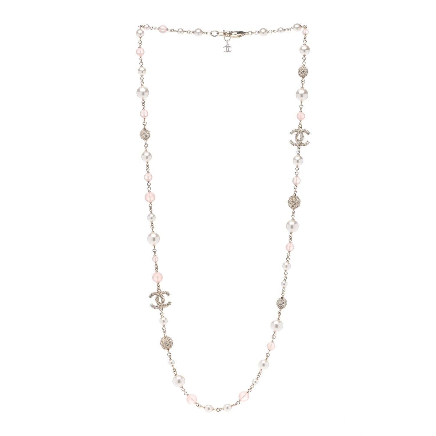 Chanel Pearl Beaded Crystal CC Long Necklace Gold Pearly White Pink 3 of 6