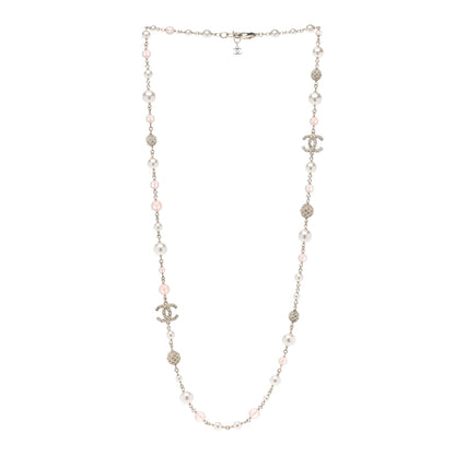 Chanel Pearl Beaded Crystal CC Long Necklace Gold Pearly White Pink 3 of 6