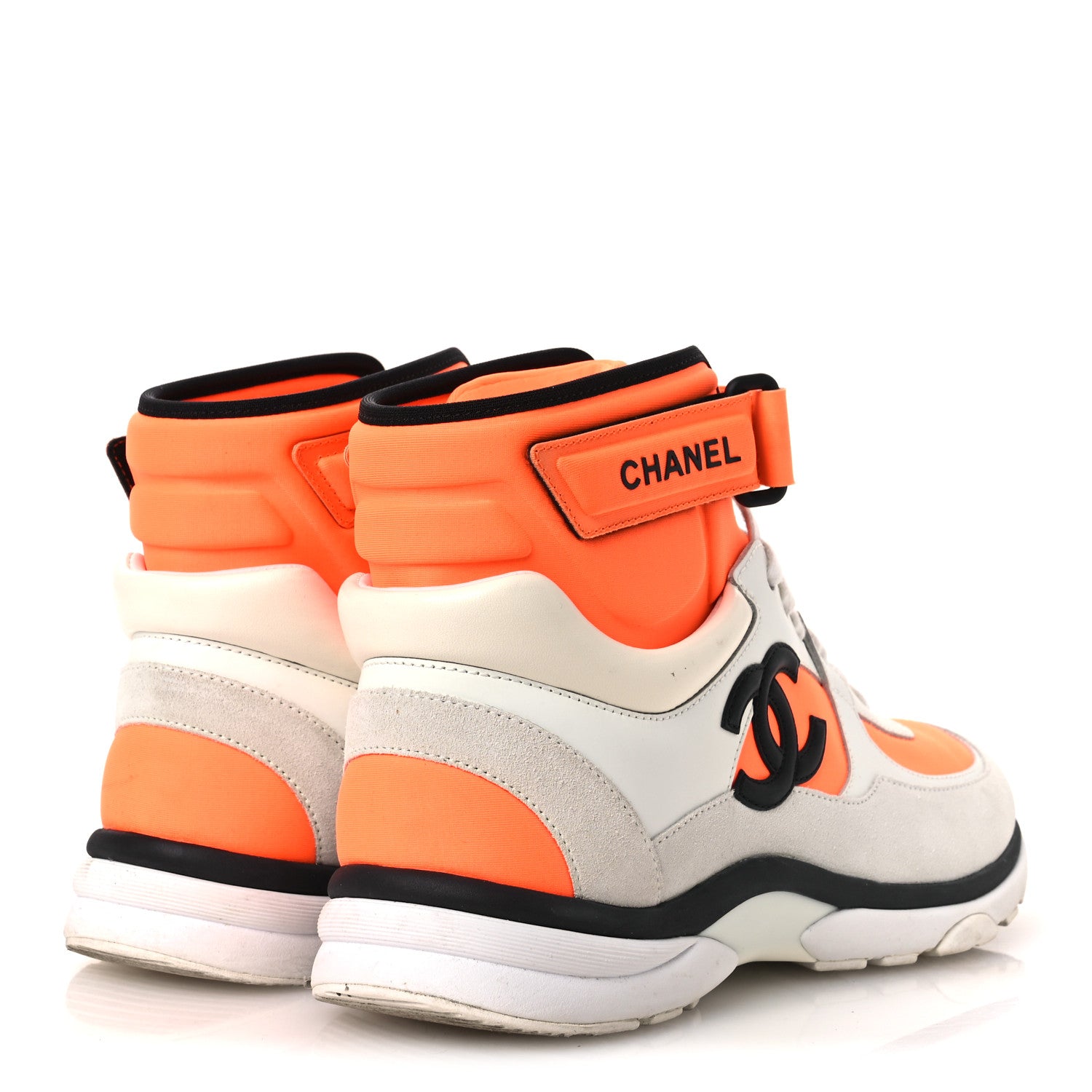 Chanel Suede Calfskin Lambskin Neoprene High Top CC Sneakers 39 White Fluo Orange 5 of 13