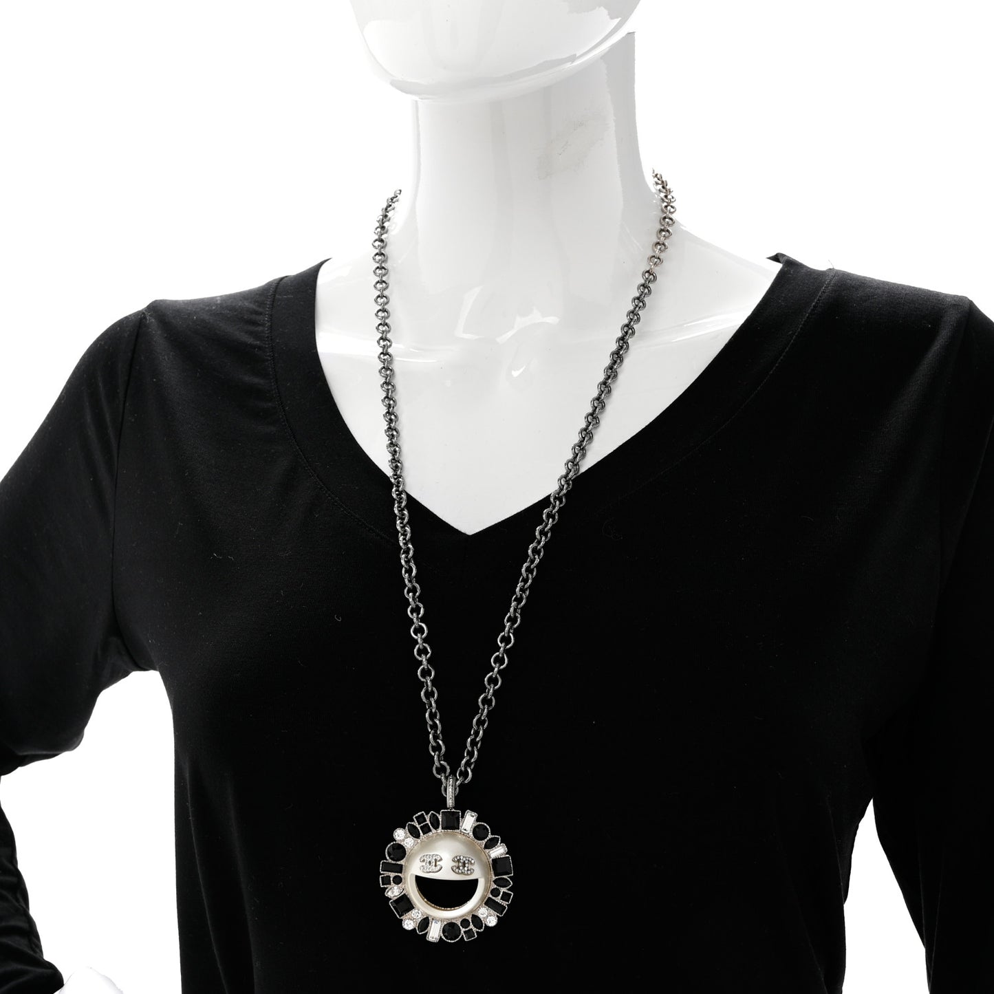 Crystal CC Smiley Emoji Pendant Necklace Silver Black