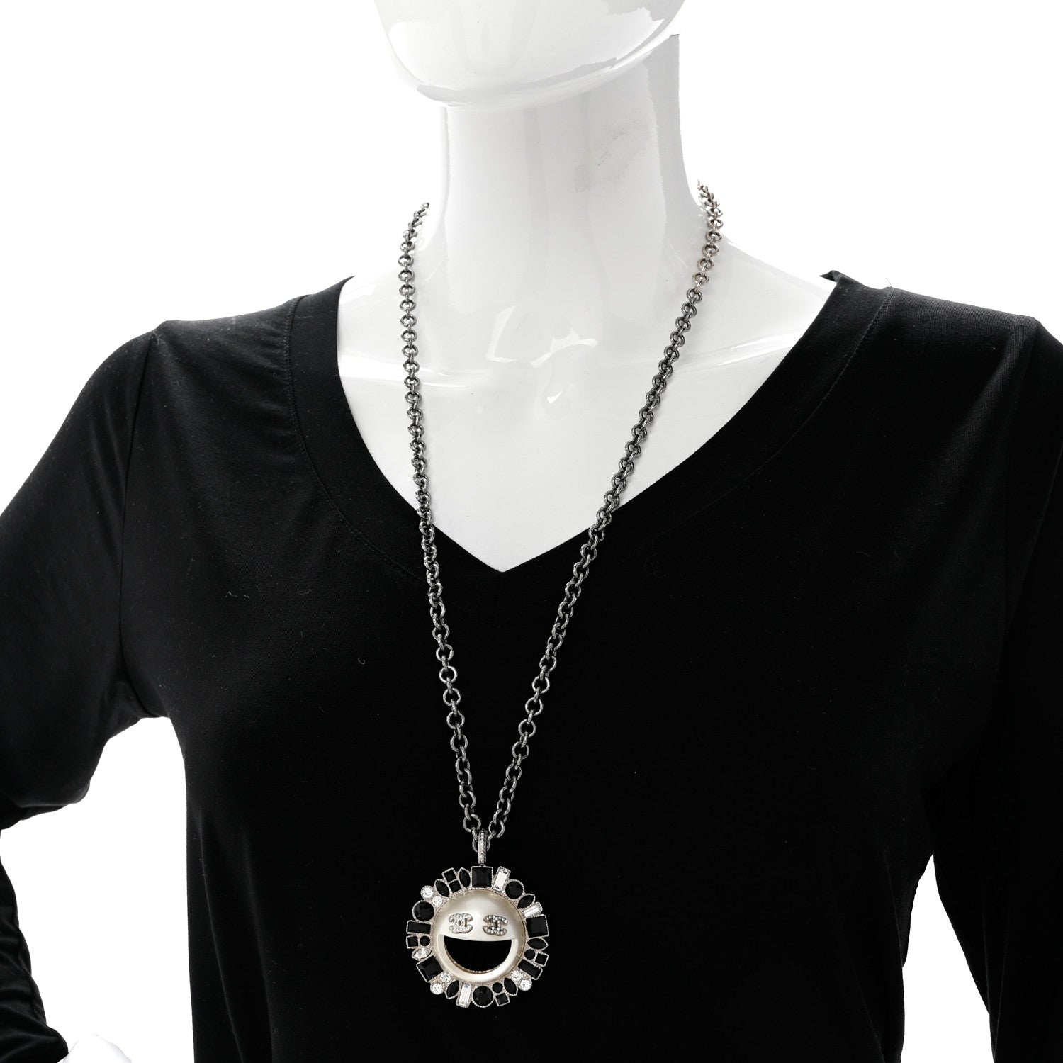 Chanel Crystal CC Smiley Emoji Pendant Necklace Silver Black 2 of 6