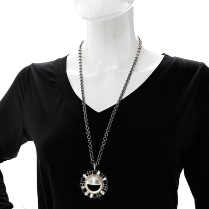 Chanel Crystal CC Smiley Emoji Pendant Necklace Silver Black 2 of 6