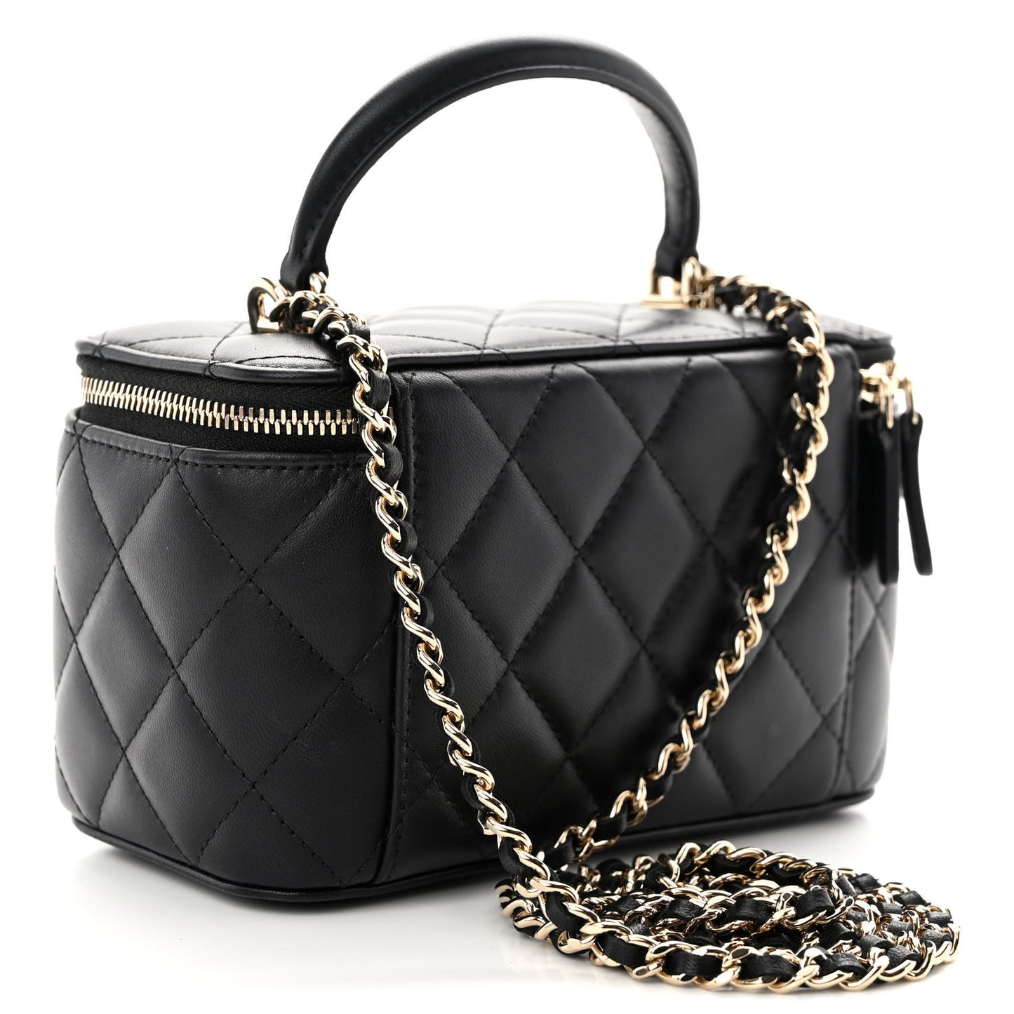 Lambskin Quilted Small Top Handle Vanity Case With Chain Black