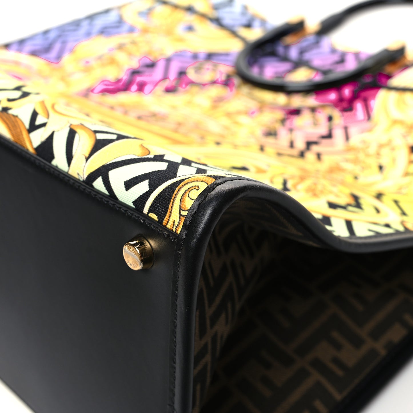 X VERSACE Canvas Printed Plexiglass Fendace FF Baroque XL Fendi Sunshine Shopper Tote Gold