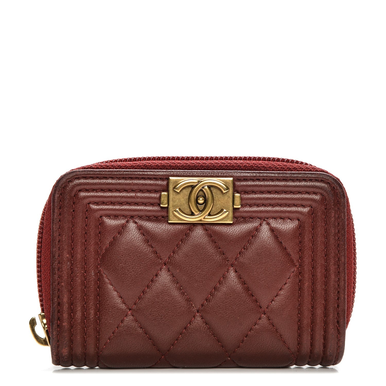 Chanel Lambskin Quilted Boy Zip Around Coin Purse Wallet Dark Red 1 of 9