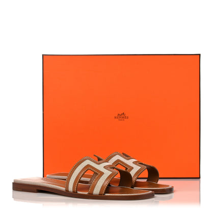 Hermes Calfskin Canvas Oran Sandals 36.5 Noisette Beige Dore 11 of 11