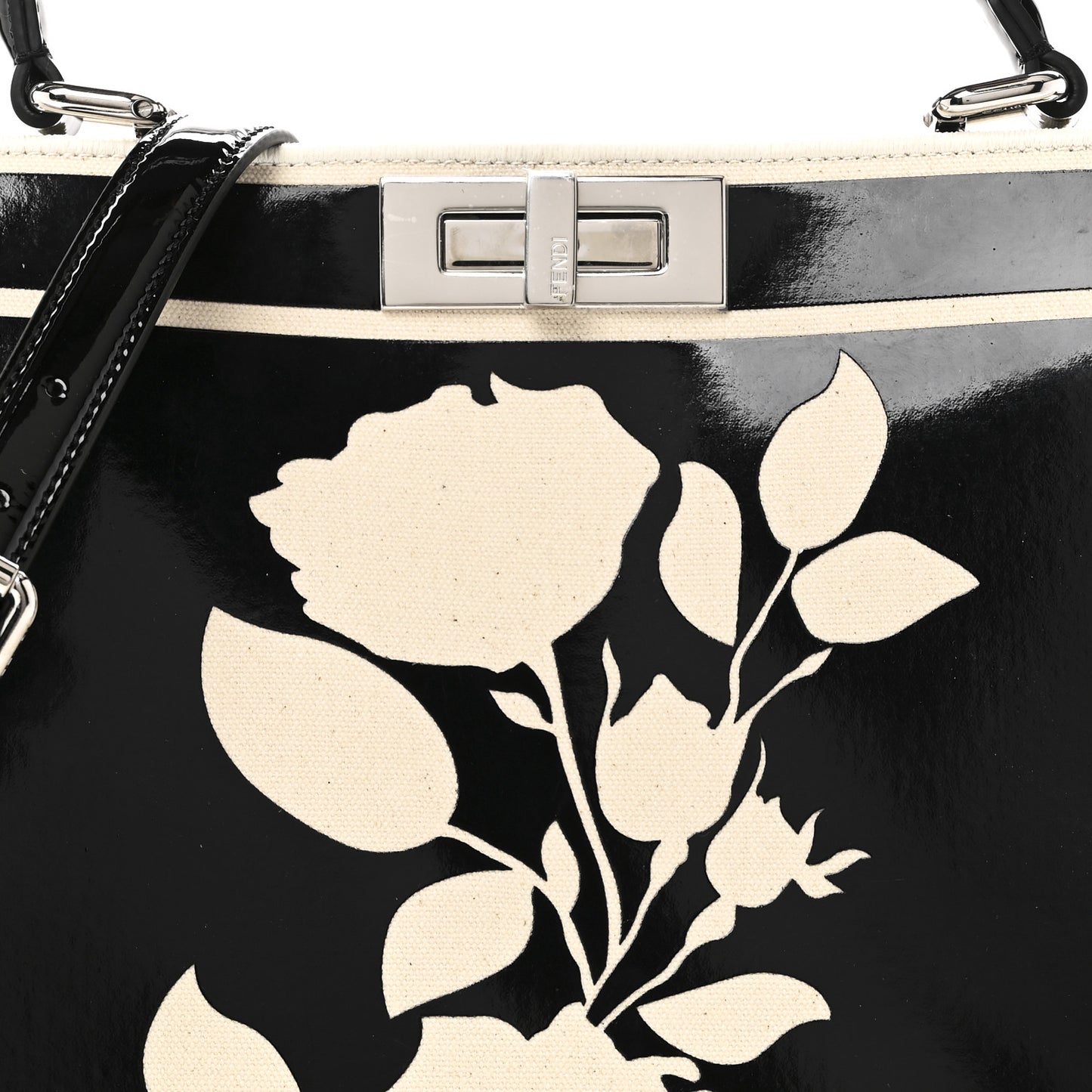Canvas Spalmato Vernice Roses Medium Peekaboo I SEE U Satchel Black Grezzo