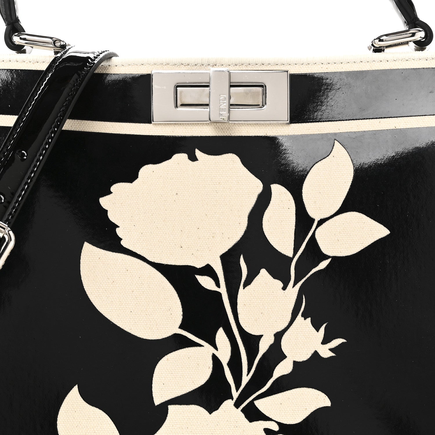 Fendi Canvas Spalmato Vernice Roses Medium Peekaboo I SEE U Satchel Black Grezzo 8 of 10