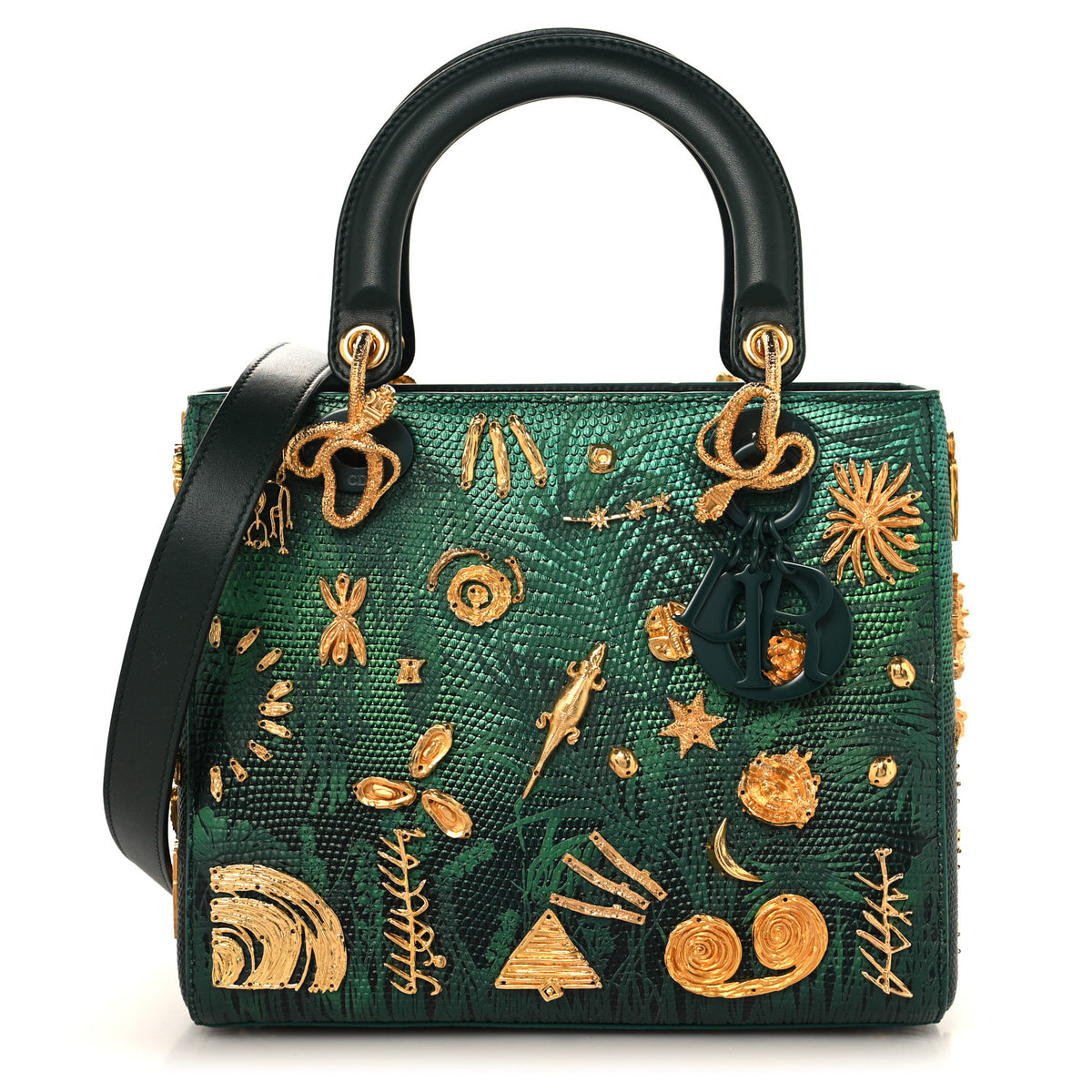 X LINA IRIS VIKTOR Lizard Embellished Medium Lady Dior Art Green Multicolor
