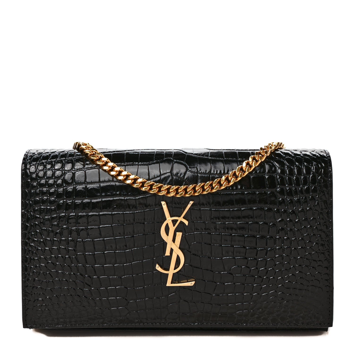 Saint Laurent Calfskin Crocodile Embossed Cassandre Wallet On Chain WOC Black 1 of 8