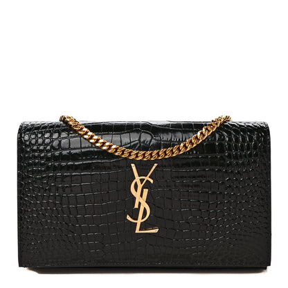 Saint Laurent Calfskin Crocodile Embossed Cassandre Wallet On Chain WOC Black 1 of 8