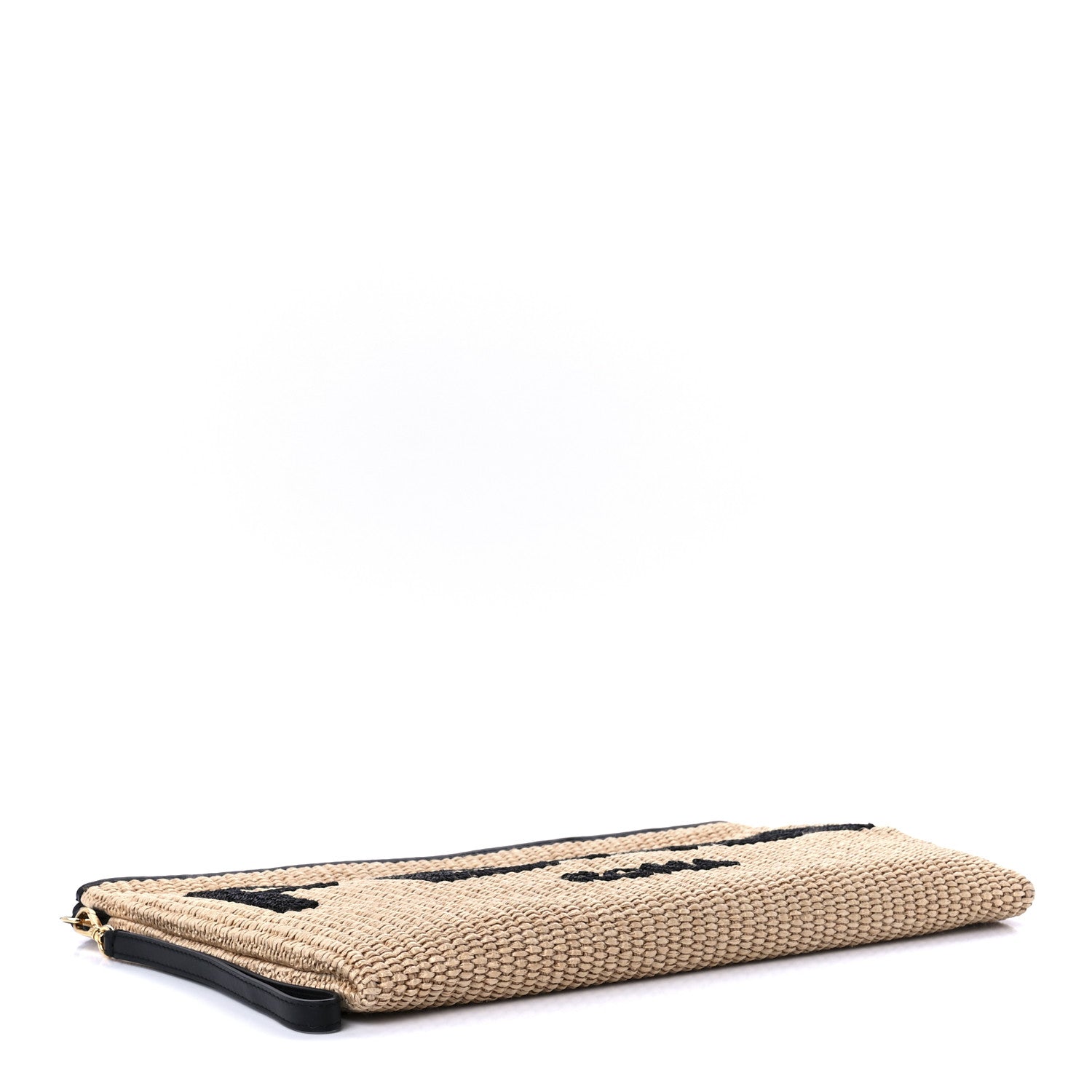 Fendi Straw Vitello King Logo Woven Large Flat Pouch Paglia Black 3 of 9
