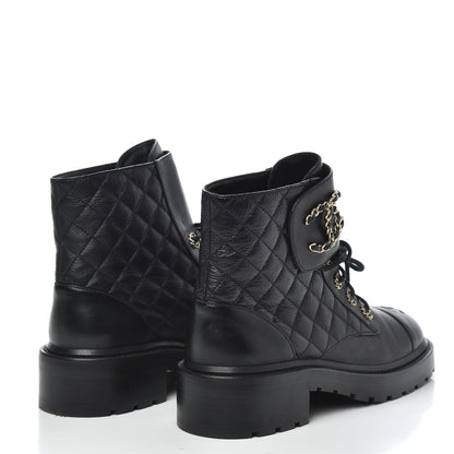Chanel Shiny Goatskin Calfskin Quilted Lace Up Combat Boots 39 Black 4 of 10