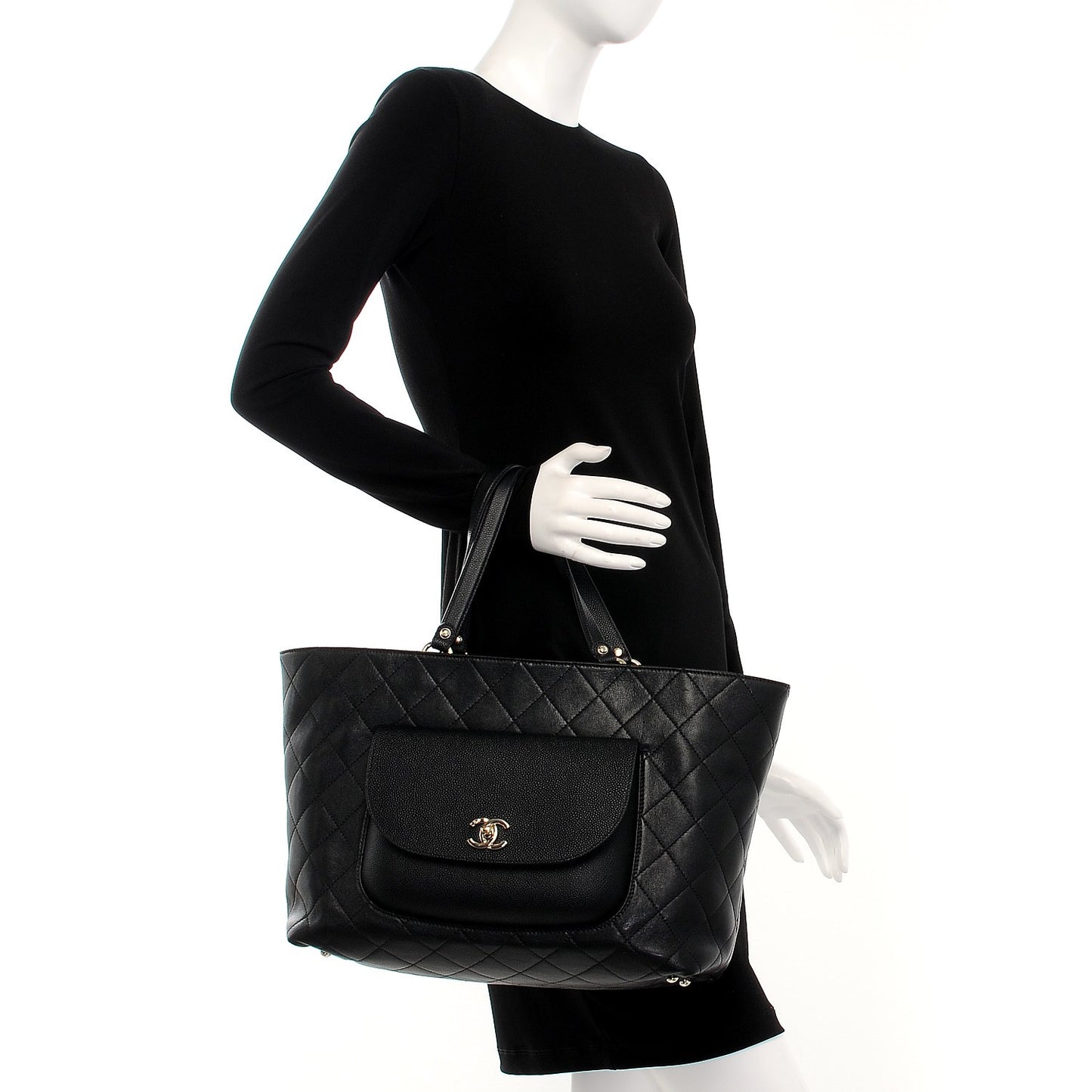 Calfskin Caviar Quilted Large Shopping Tote Black