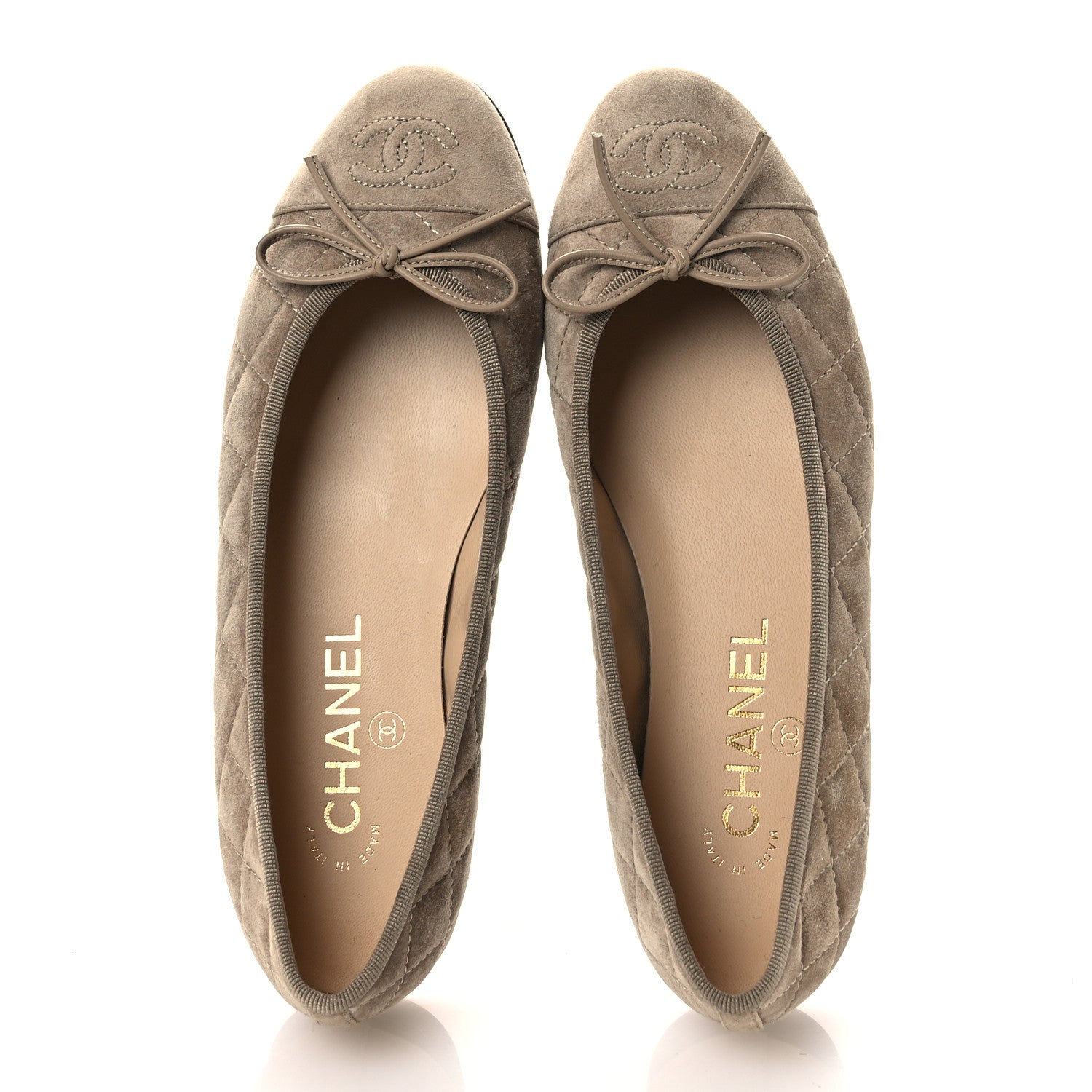 Chanel Suede Calfskin Quilted Cap Toe CC Ballerina Flats 36.5 Dark Beige 2 of 12