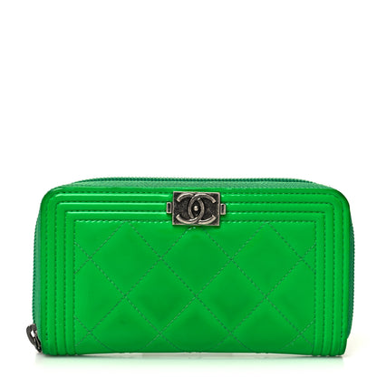 Chanel Patent Quilted Small Boy Zip Around Wallet Green 1 of 16