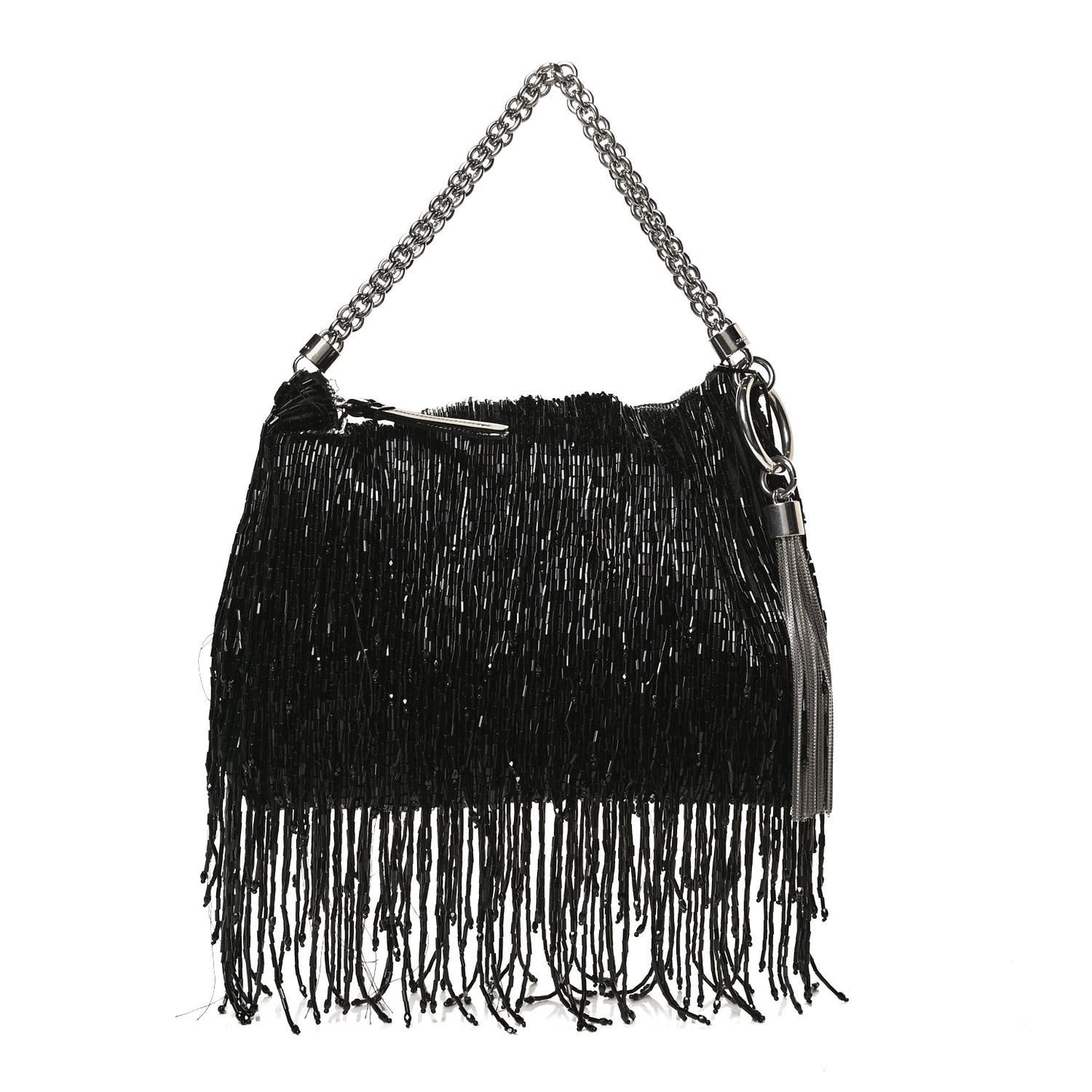 Satin Bead Embellished Callie Fringe Tassel Chain Evening Bag Black
