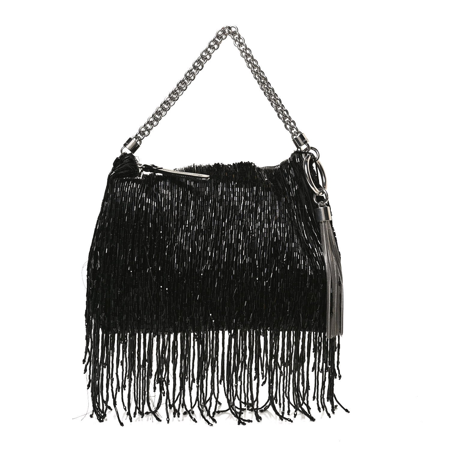 Jimmy Choo Satin Bead Embellished Callie Fringe Tassel Chain Evening Bag Black 1 of 12