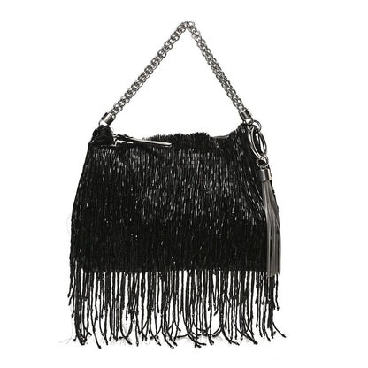 Jimmy Choo Satin Bead Embellished Callie Fringe Tassel Chain Evening Bag Black 1 of 12