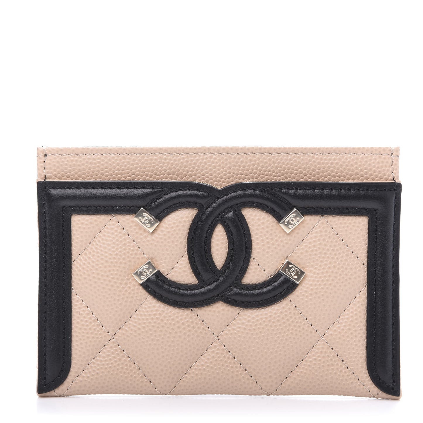 Caviar Quilted Filigree Card Holder Beige Black