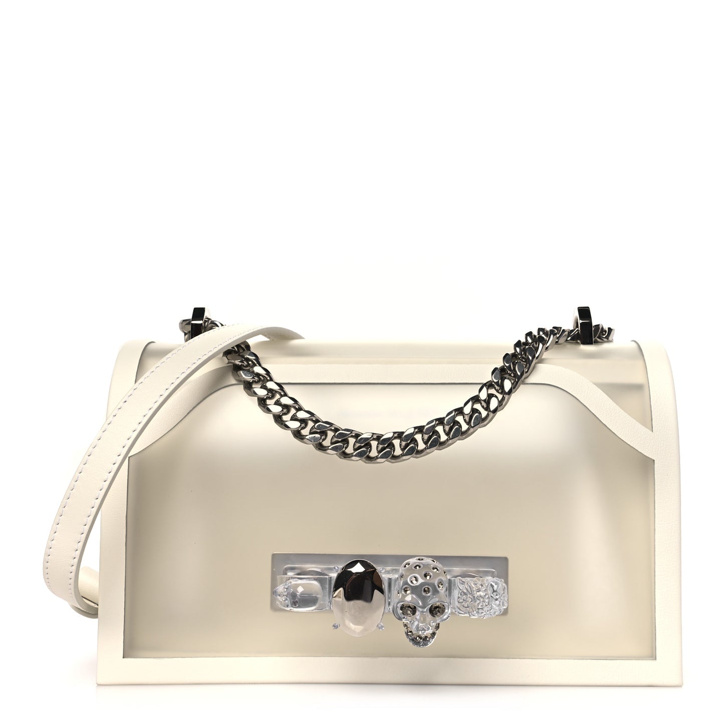 Polyurethane Calfskin Transparent Jeweled Knuckle Satchel Clear White