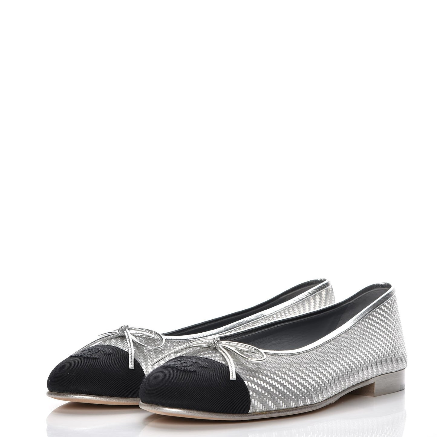 Metallic PVC Grosgrain Cap Toe Ballerina Flats 40.5 Silver Black