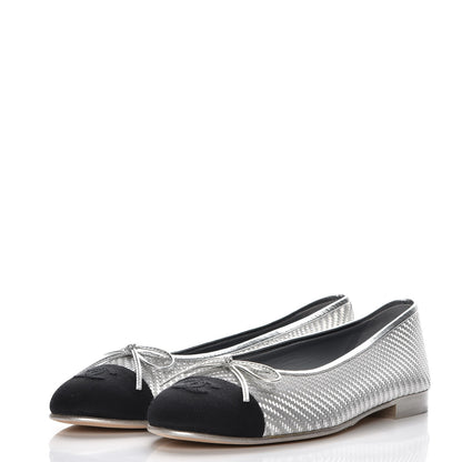 Chanel Metallic PVC Grosgrain Cap Toe Ballerina Flats 40.5 Silver Black 3 of 9