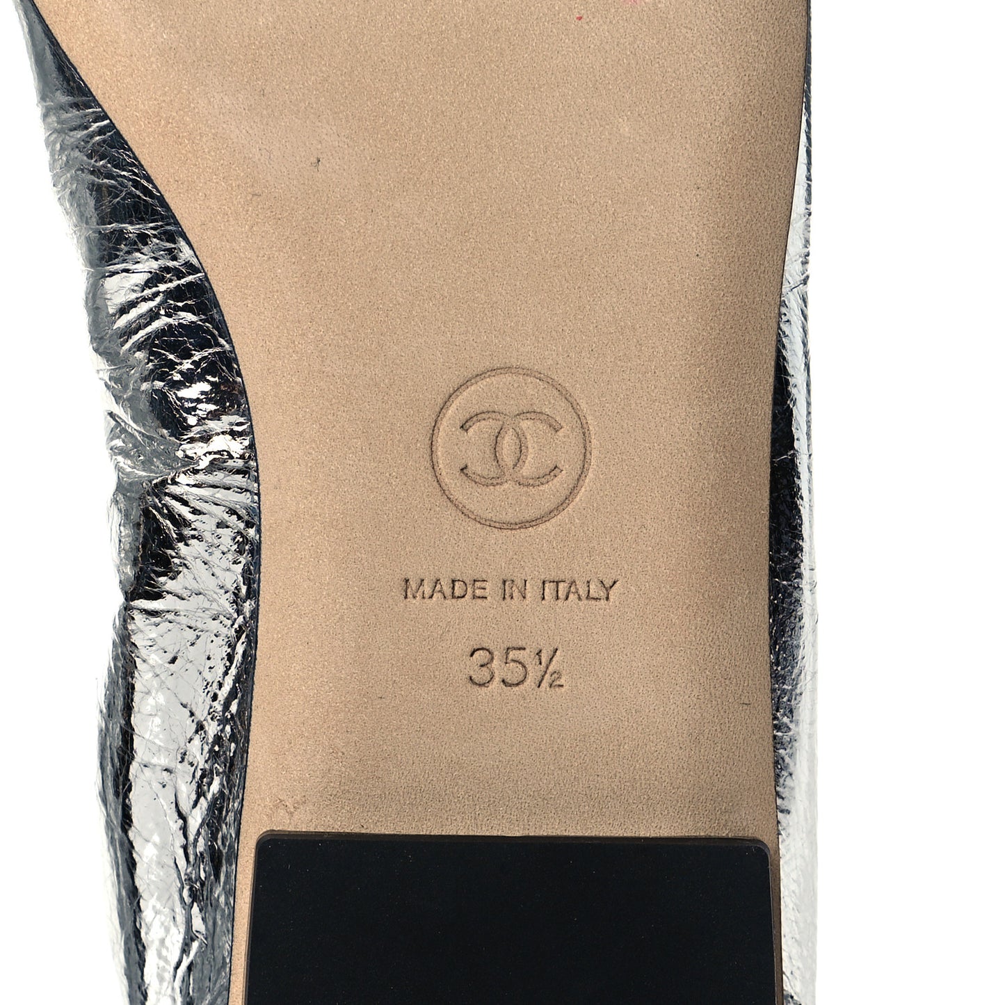 Metallic Laminated Goatskin Patent Grosgrain CC Elastic Cap Toe Ballerina Flats 35.5 Silver Black