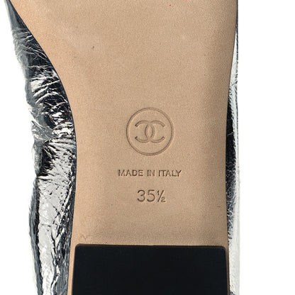 Chanel Metallic Laminated Goatskin Patent Grosgrain CC Elastic Cap Toe Ballerina Flats 35.5 Silver Black 7 of 9