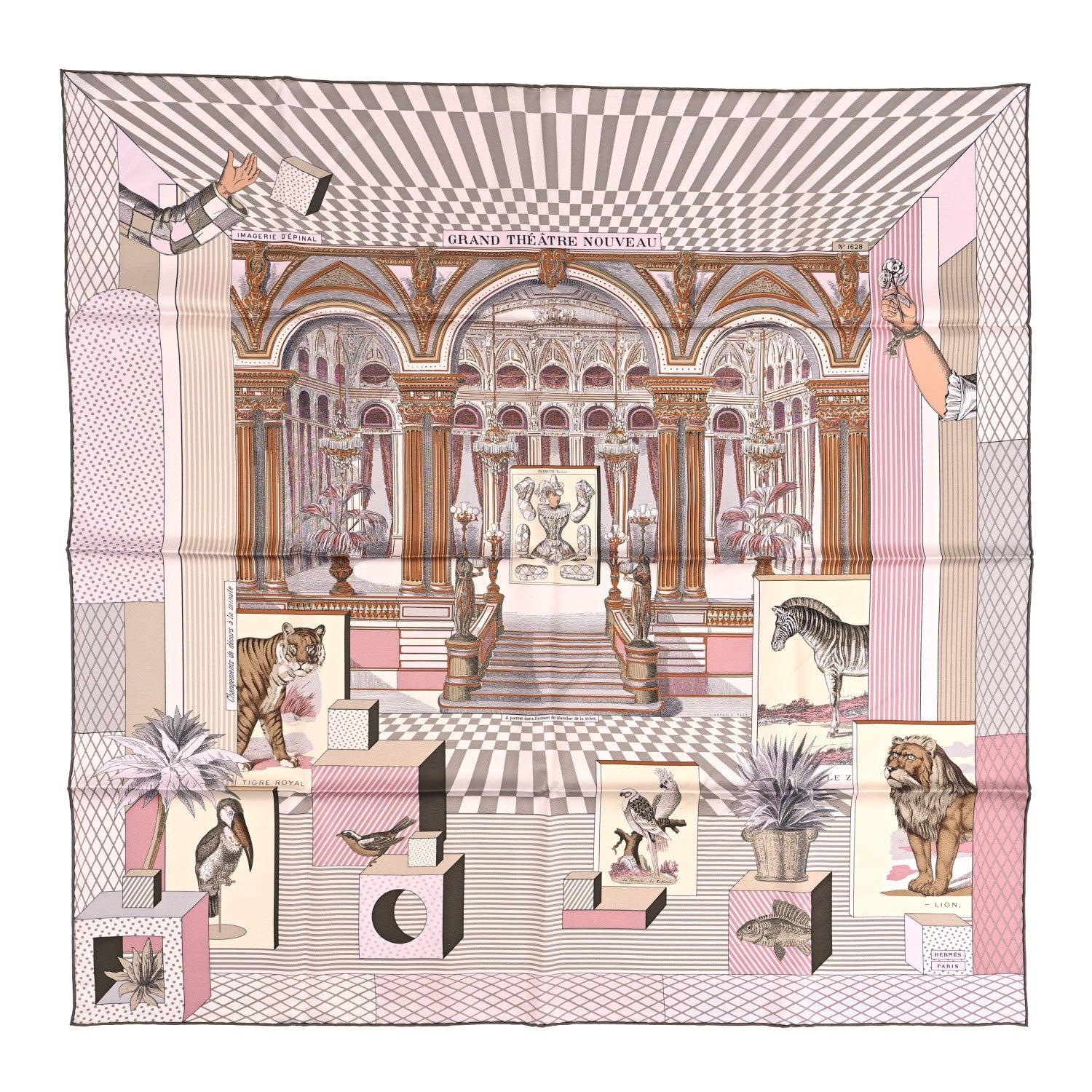 Hermes Silk Grand Theatre Nouveau Scarf 90 Rose Pale Etoupe 1 of 4