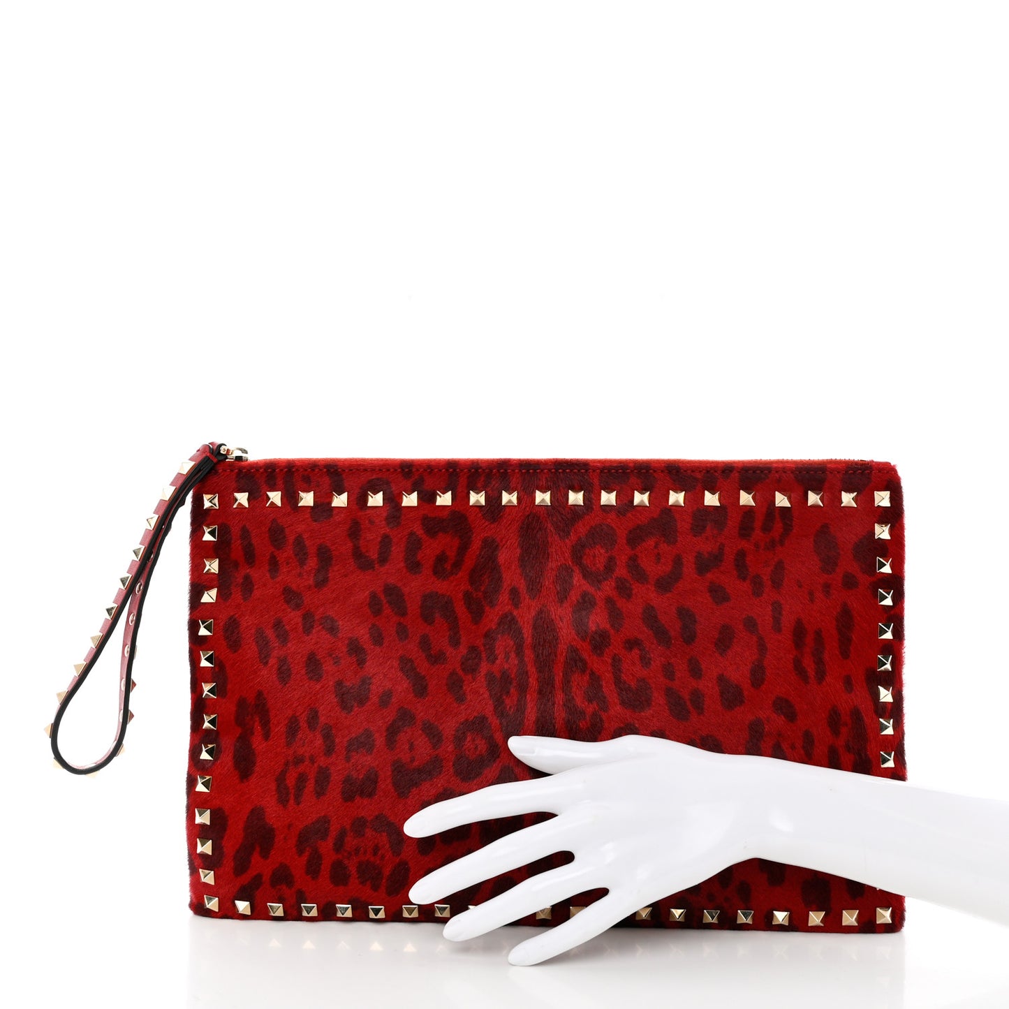 Pony Hair Leopard Print Rockstud Zip Clutch Red