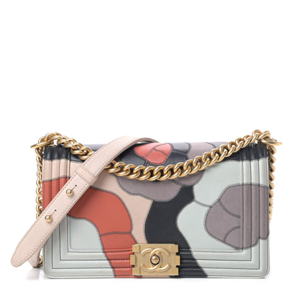 Chanel Lambskin Suede Patchwork Medium Act I Camellia Boy Flap Charcoal Brown Pink 1 of 5