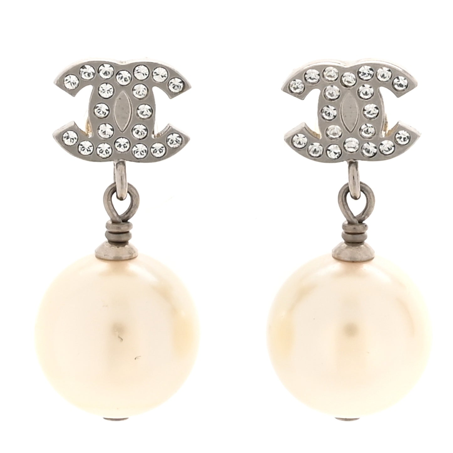 Crystal Pearl CC Drop Earrings Silver Pearly White