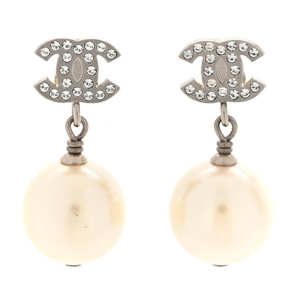 Chanel Crystal Pearl CC Drop Earrings Silver Pearly White 1 of 5