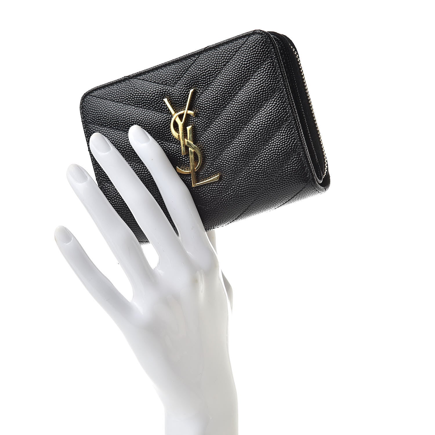 Saint Laurent Grain De Poudre Matelasse Chevron Monogram Compact Zip Around Wallet Black 2 of 9