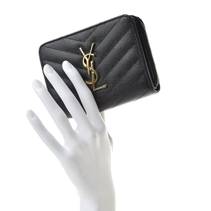 Saint Laurent Grain De Poudre Matelasse Chevron Monogram Compact Zip Around Wallet Black 2 of 9