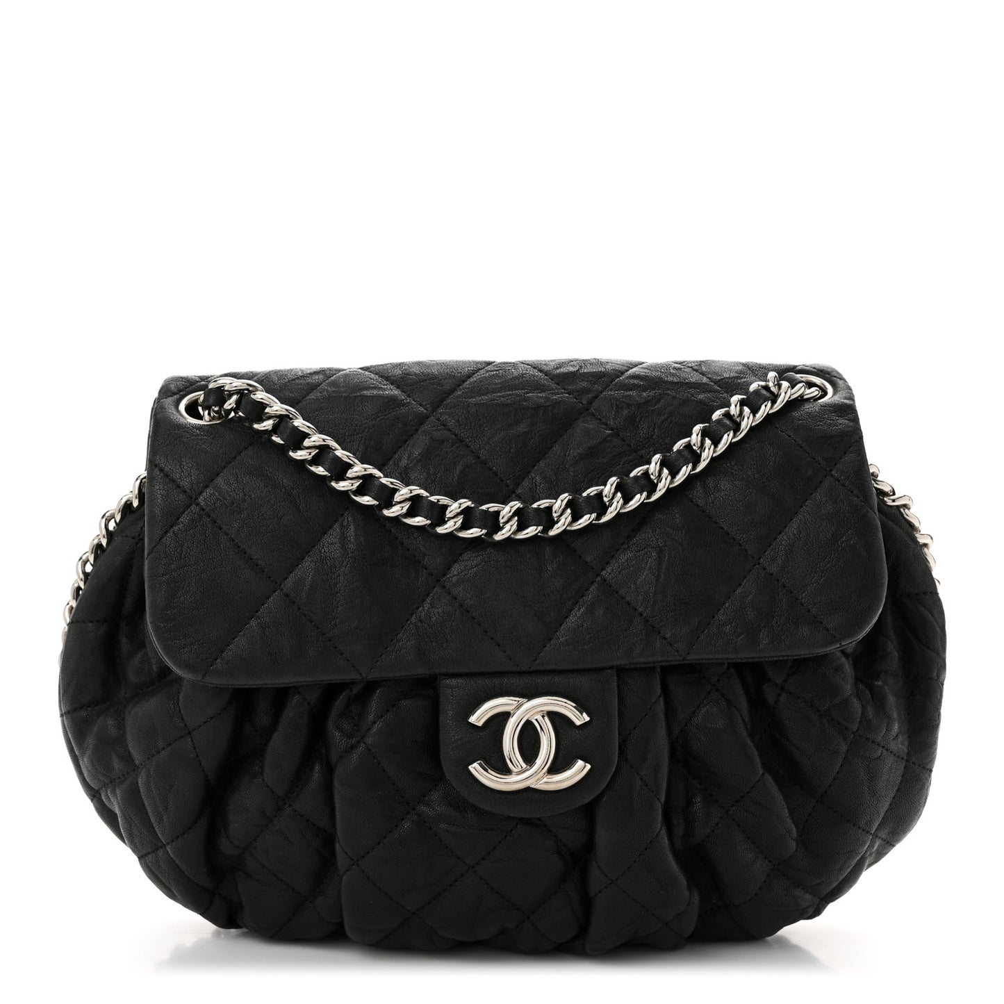 Washed Lambskin Quilted Medium Chain Around Messenger Black