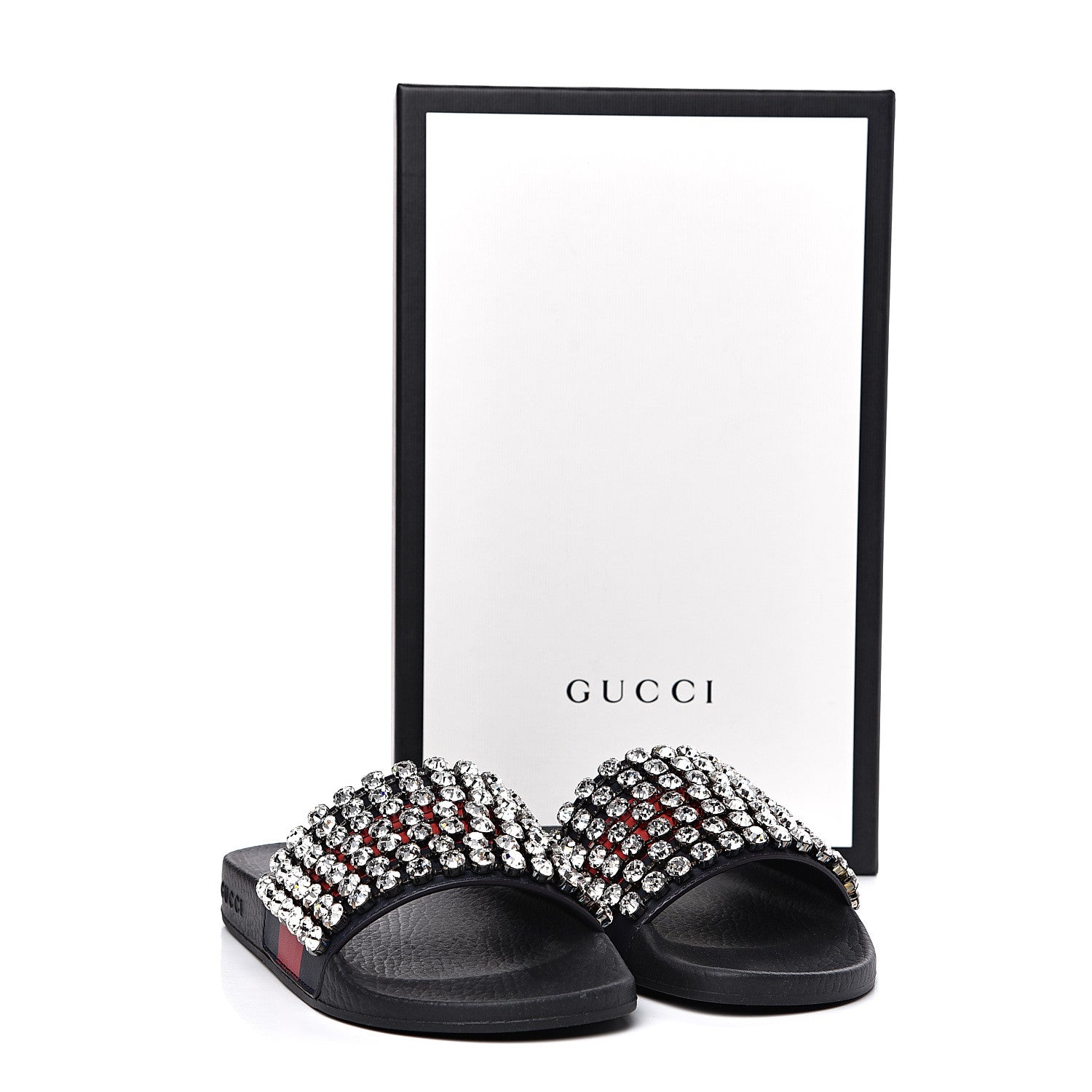 Gucci Calfskin Crystal Embellished Web Slide Sandals 36 Blue Red 8 of 8