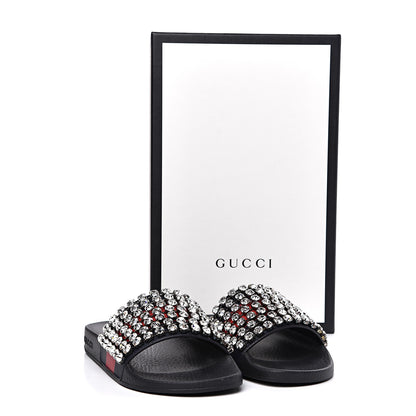 Gucci Calfskin Crystal Embellished Web Slide Sandals 36 Blue Red 8 of 8