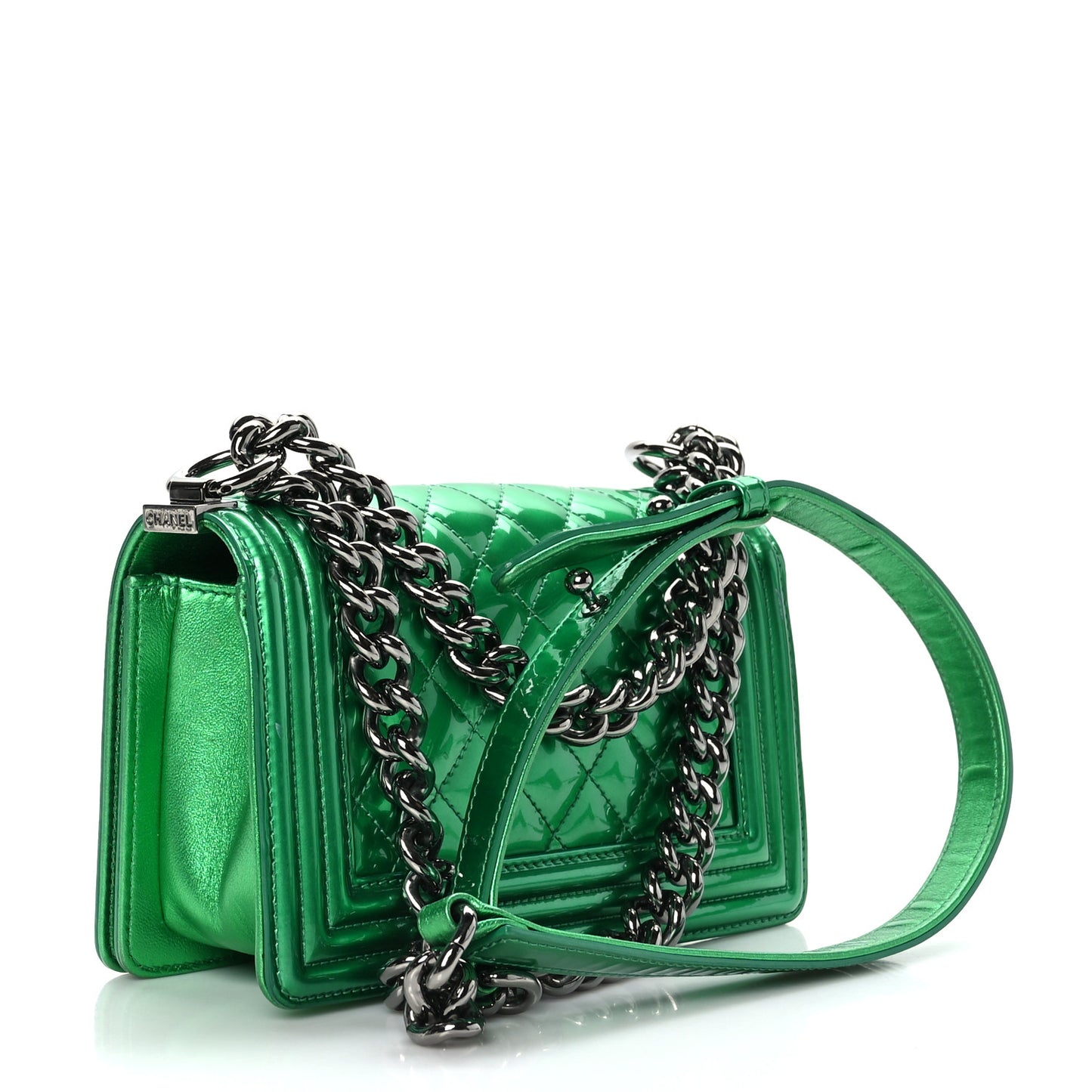 Metallic Patent Calfskin Quilted Small Boy Flap Green