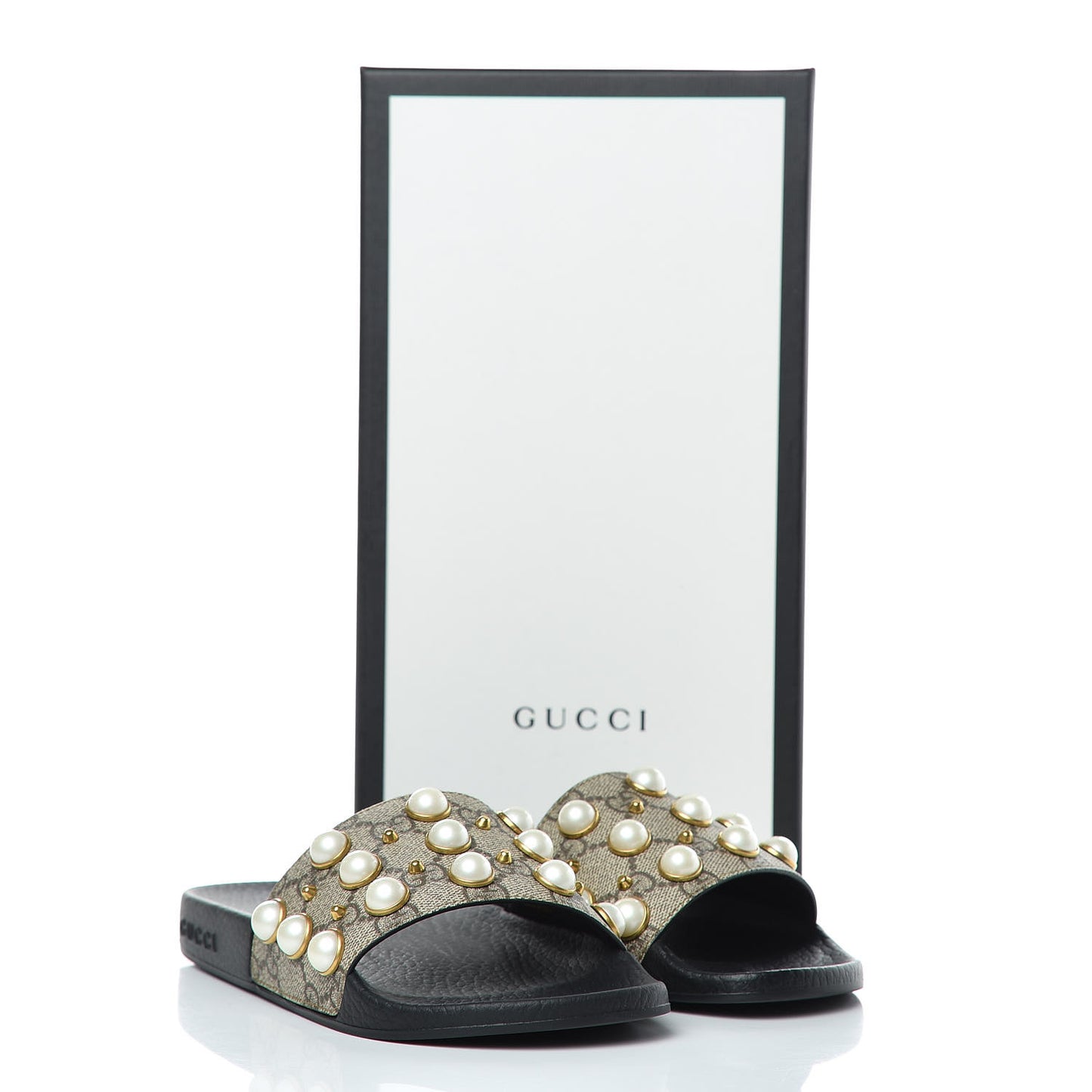 GG Supreme Monogram Pearls Slide Sandals 35 Beige