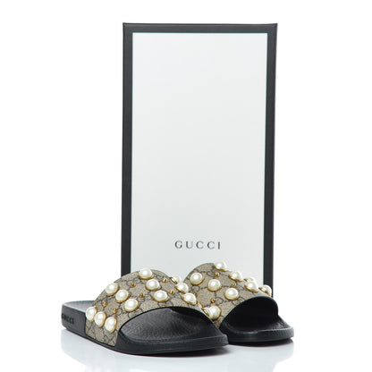 Gucci GG Supreme Monogram Pearls Slide Sandals 35 Beige 7 of 7
