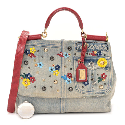 Dolce & Gabbana Crystal Embellished Denim Lizard Miss Sicily Satchel Blue 1 of 9