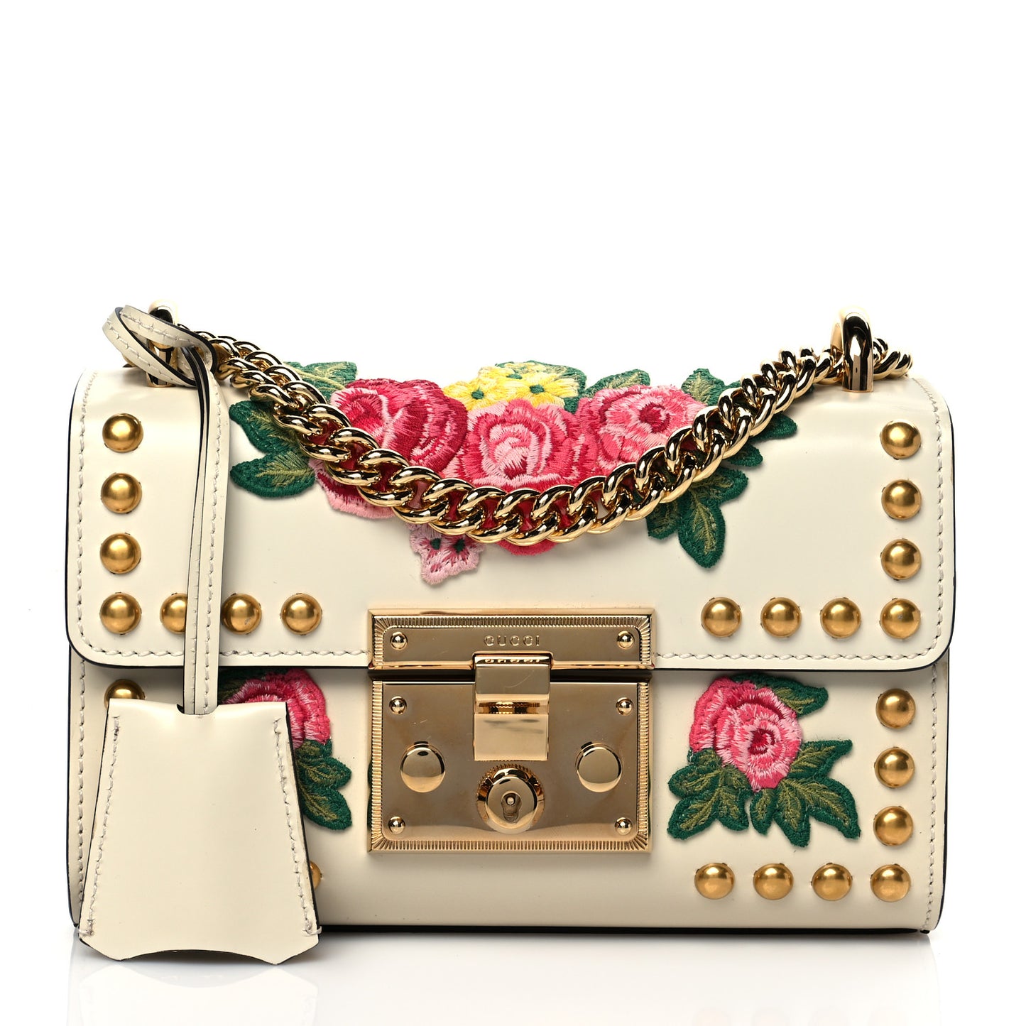 Calfskin Floral Embroidered Small Padlock Shoulder Bag White