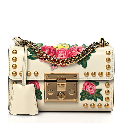 Gucci Calfskin Floral Embroidered Small Padlock Shoulder Bag White 1 of 12