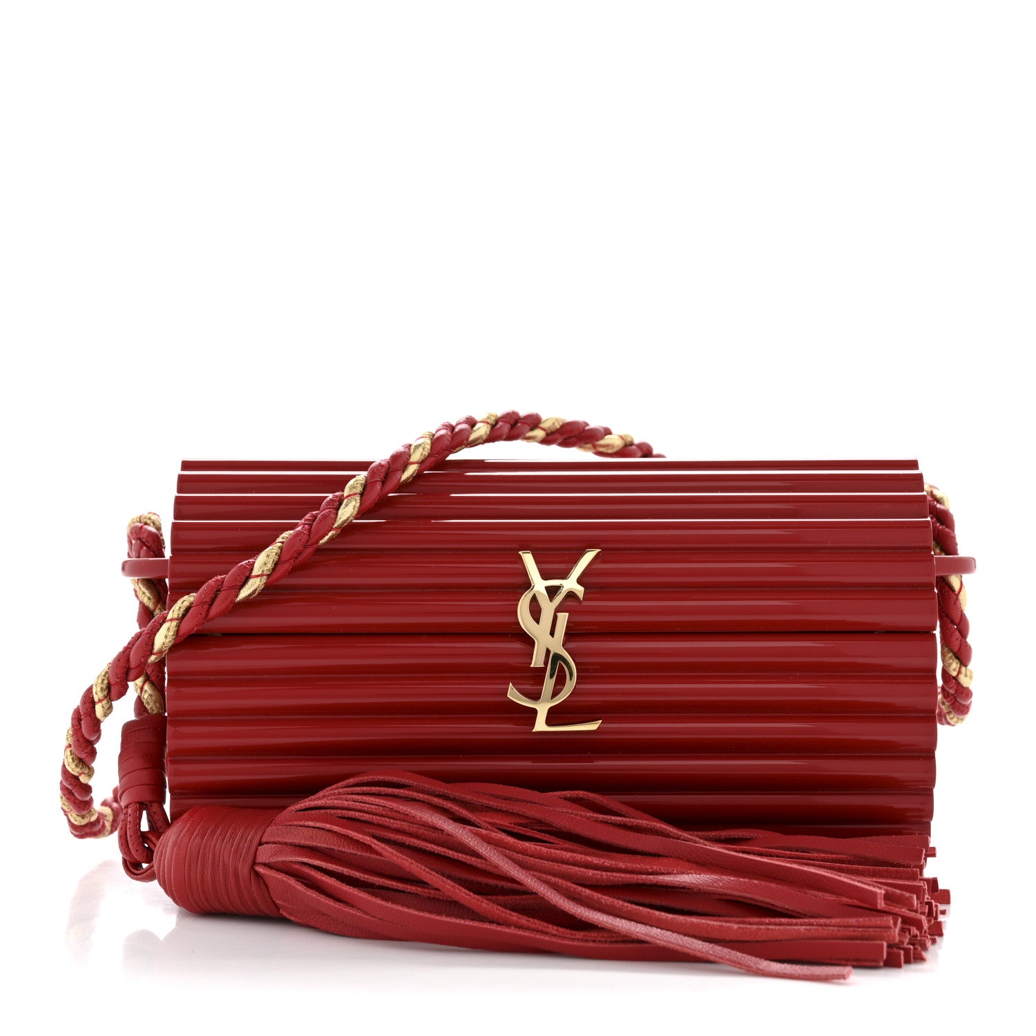 Saint Laurent Ribbed Plexiglass Lambskin Fringe Monogram Opium Box Bag Red 1 of 11