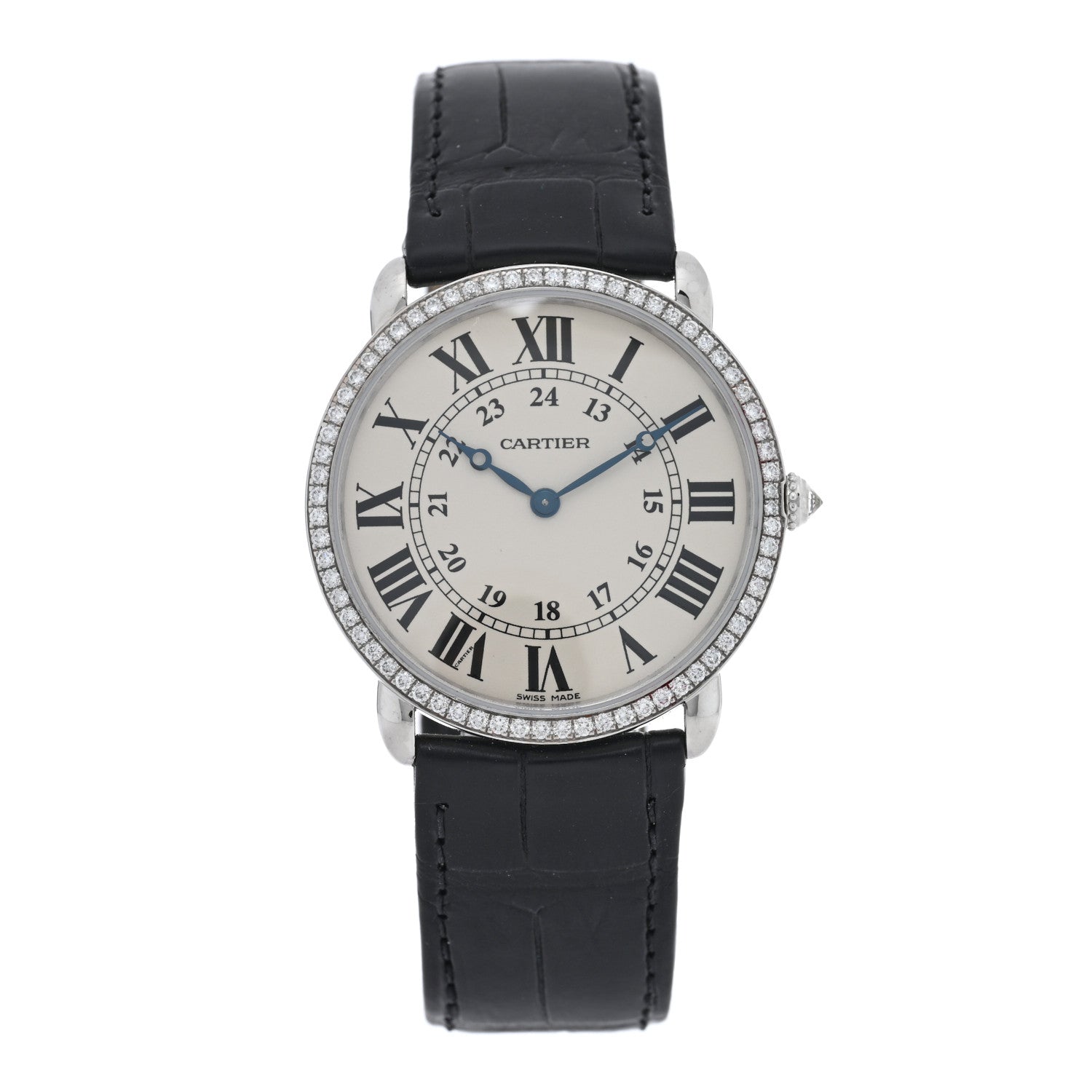 Cartier 18K White Gold Alligator Diamond Bezel 36mm Ronde Louis Manual Winding Watch 1 of 4