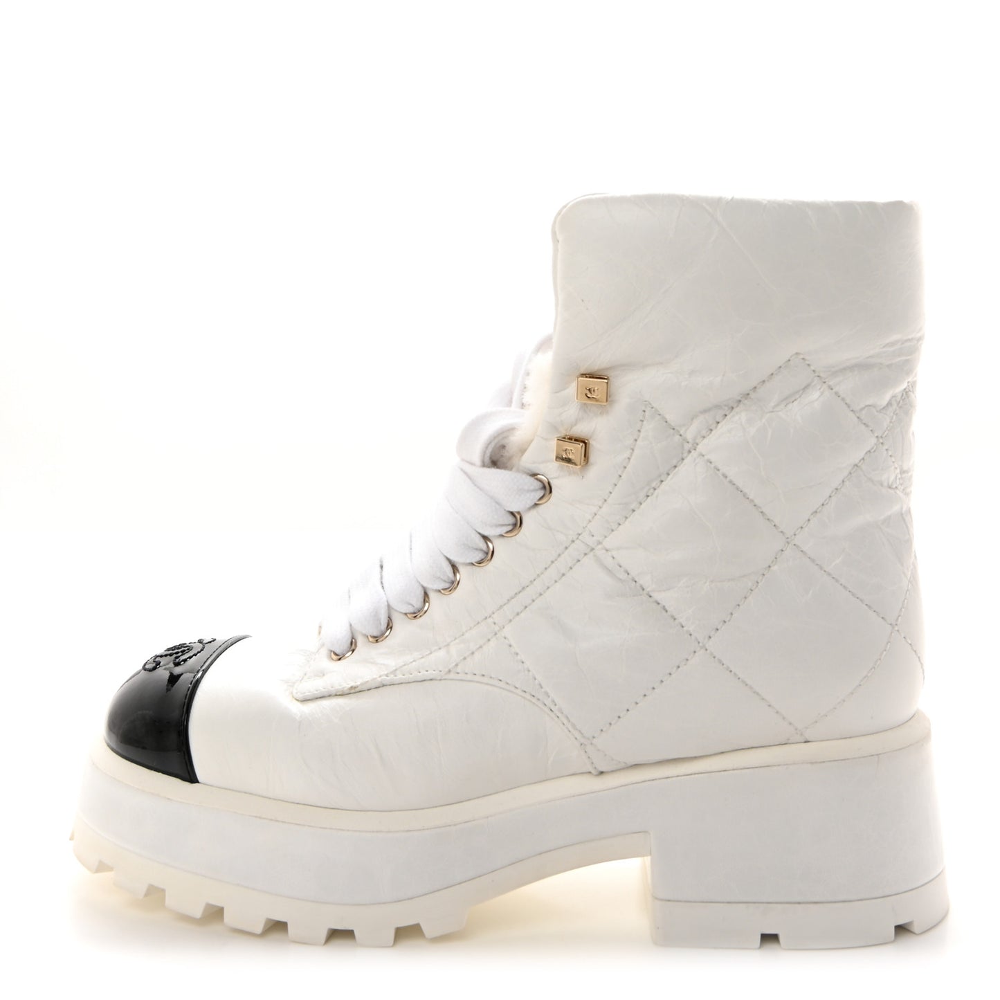 Crumpled Patent Lambskin Calfskin Quilted Lace Up Combat Boots 37 White Black