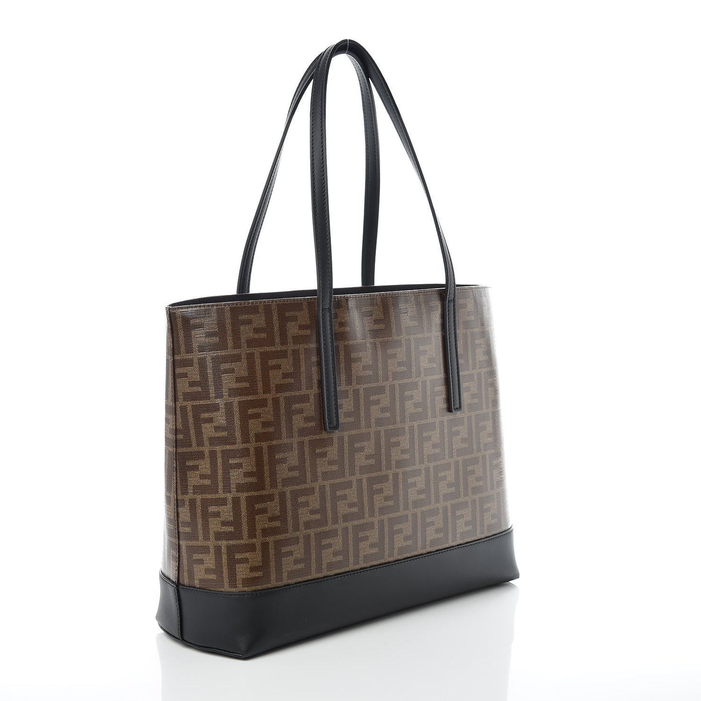 Glazed Fabric Vitello Century FF 1974 Stamp Patch Shopping Tote Mogano Panna Black