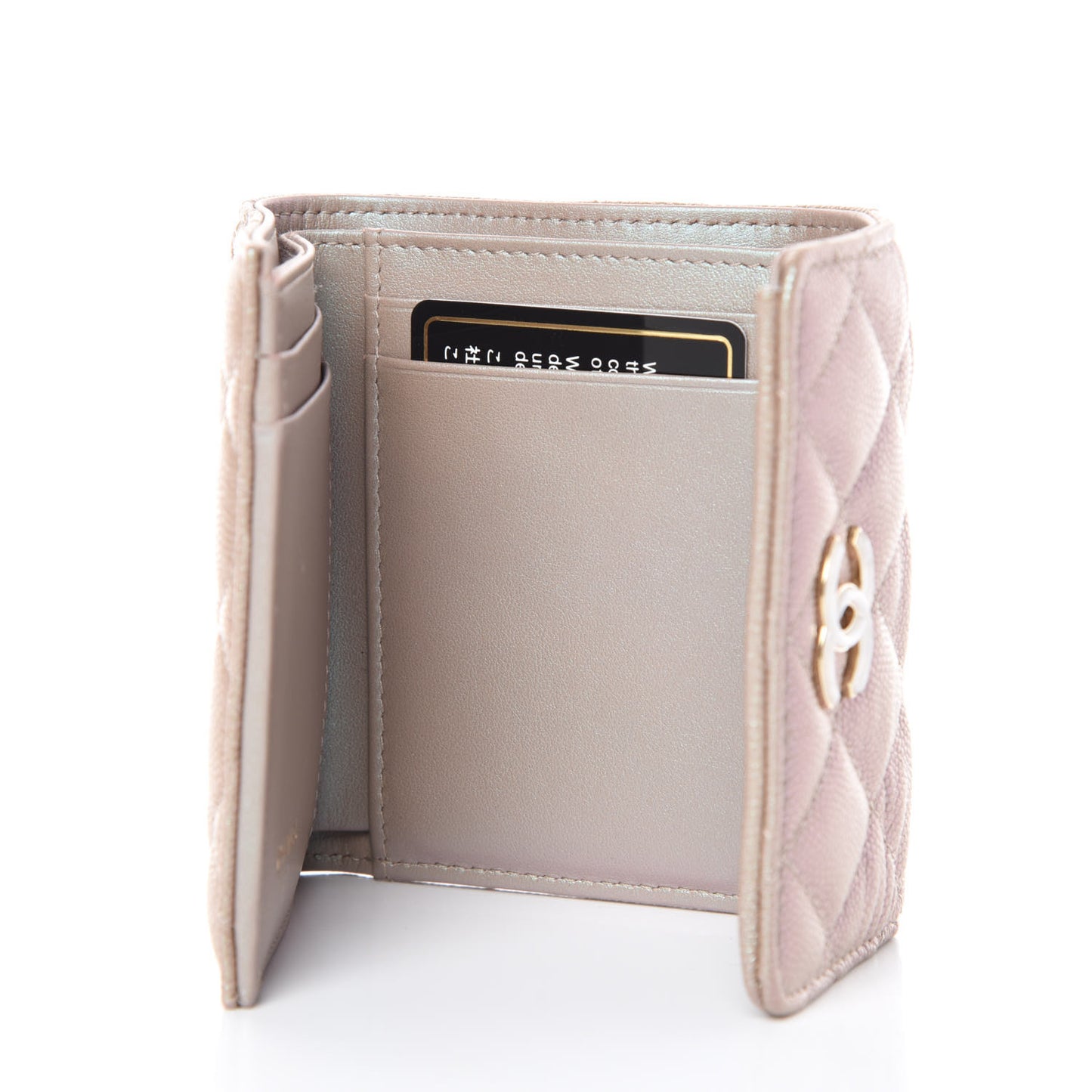 Iridescent Caviar Quilted Small Flap Wallet Beige